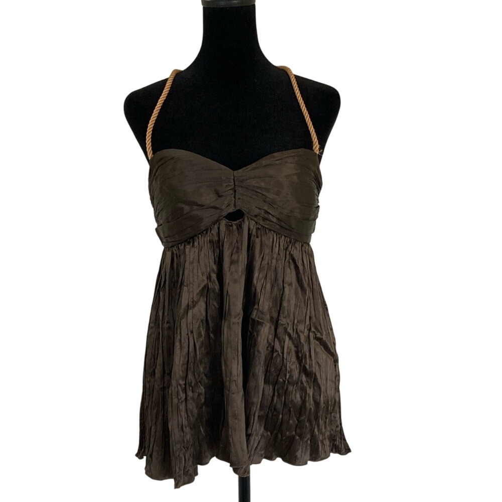 Willow Womens Brown Halter Top‎ Blouse Rope Strap Size 6 Babydoll Cut Out Zip